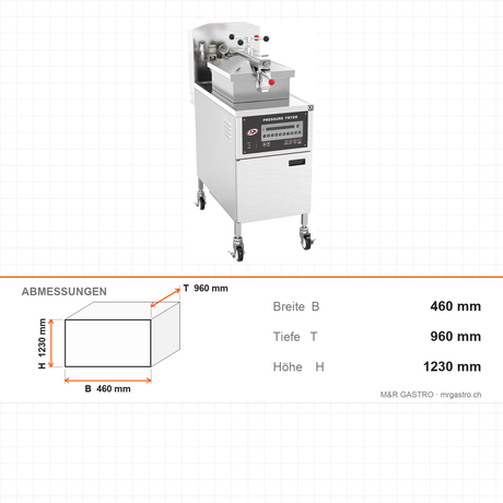 Druckfritteuse elektrisch, 24 Liter, 13,5 kW, mit Ölfiltersystem, 460×960×1230 mm – Abmessungen