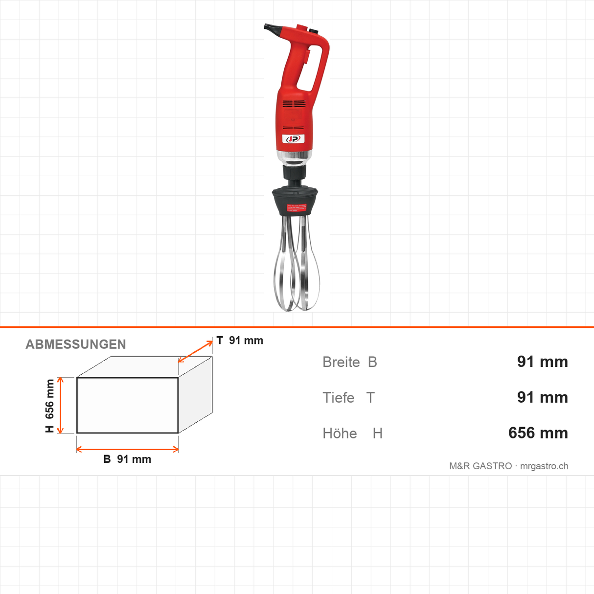 Stabmixer, 350 W, Mixstab 250 mm, mit Rührbesen, 20–40 L, 91×91×656 mm – Abmessungen