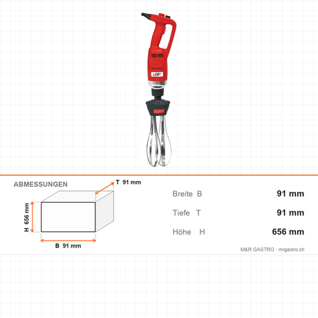 Stabmixer, 350 W, Mixstab 250 mm, mit Rührbesen, 20–40 L, 91×91×656 mm – Abmessungen