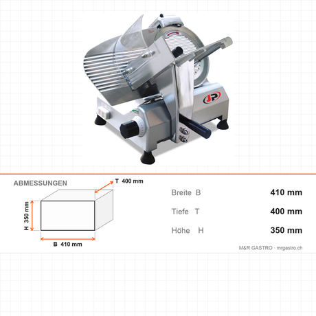 Aufschnittmaschine, Messer Ø220 mm, 0,21 kW, verstellbare Schnittstärke, integrierter Messerschärfer, Edelstahl, 410×400×350 mm – Abmessungen