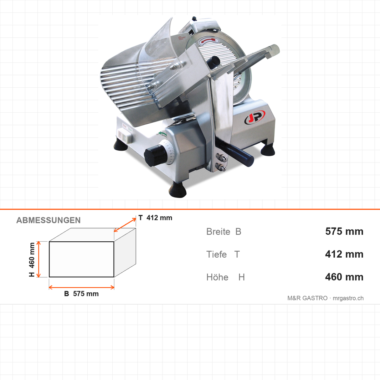 Aufschnittmaschine, Messer Ø300 mm, 0,27 kW, verstellbare Schnittstärke, integrierter Messerschärfer, Edelstahl, 575×412×460 mm – Abmessungen