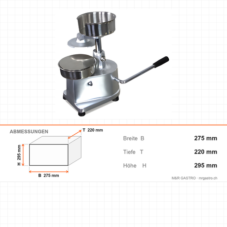 Hamburgerpresse Edelstahl, Ø 130 mm, 275×220×295 mm – Abmessungen