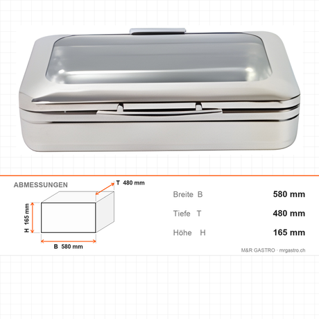 Bain-Marie rechteckig GN 1/1, Glasdeckel, Induktionsboden, 580×480×165 mm – Abmessungen