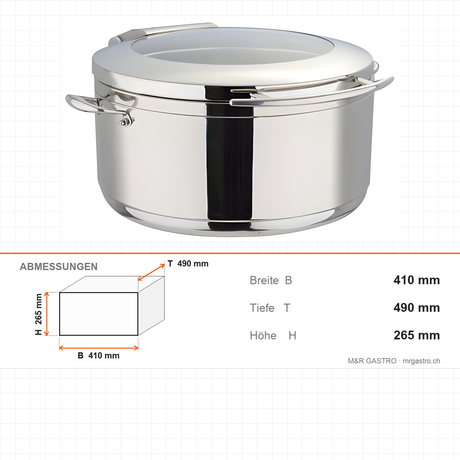 Suppenschüssel rund, 12 l, Induktionsboden, Glasdeckel, 410×490×265 mm – Abmessungen