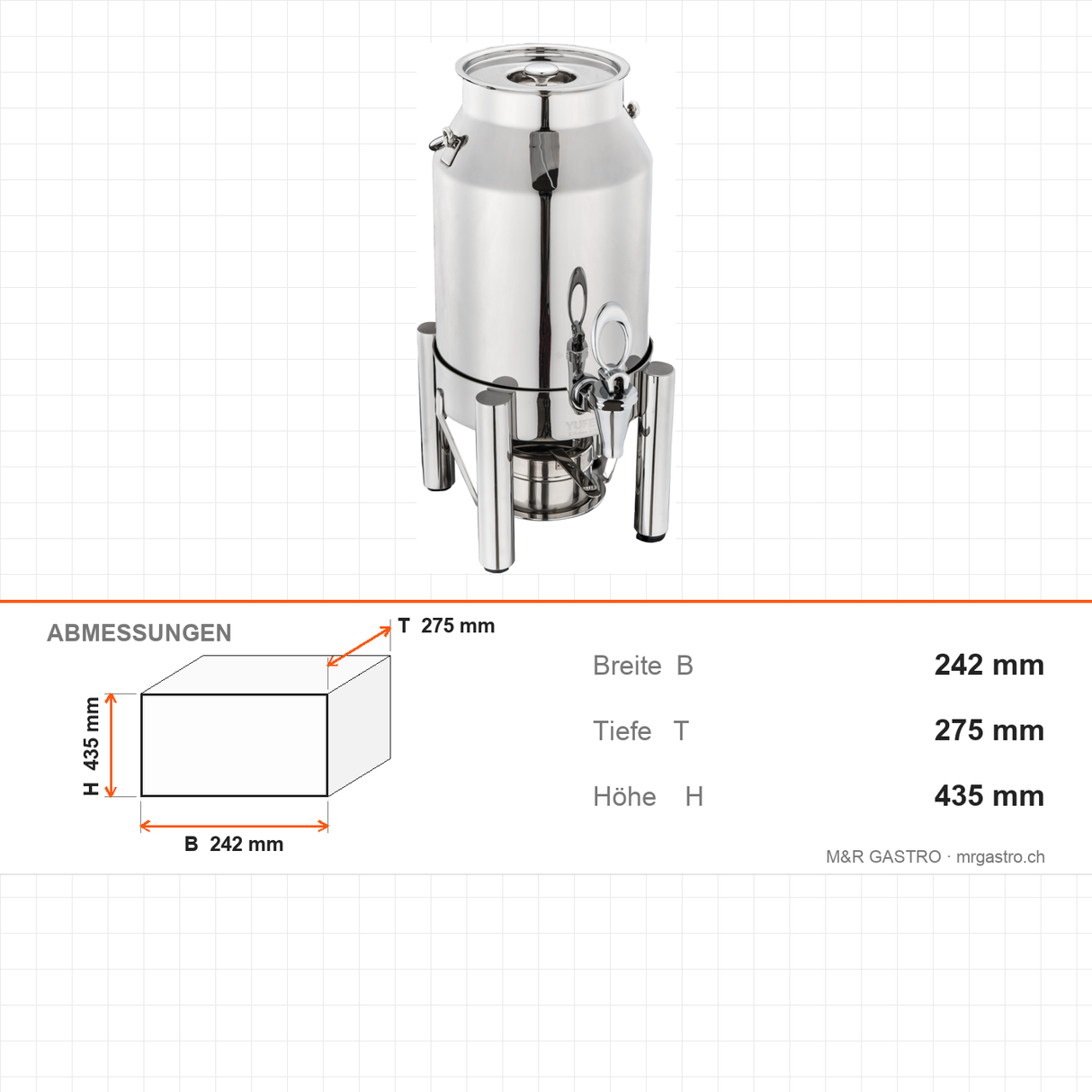 Milchspender, 6 L, Getränkespender, kompakt, 242×275×435 mm – Abmessungen