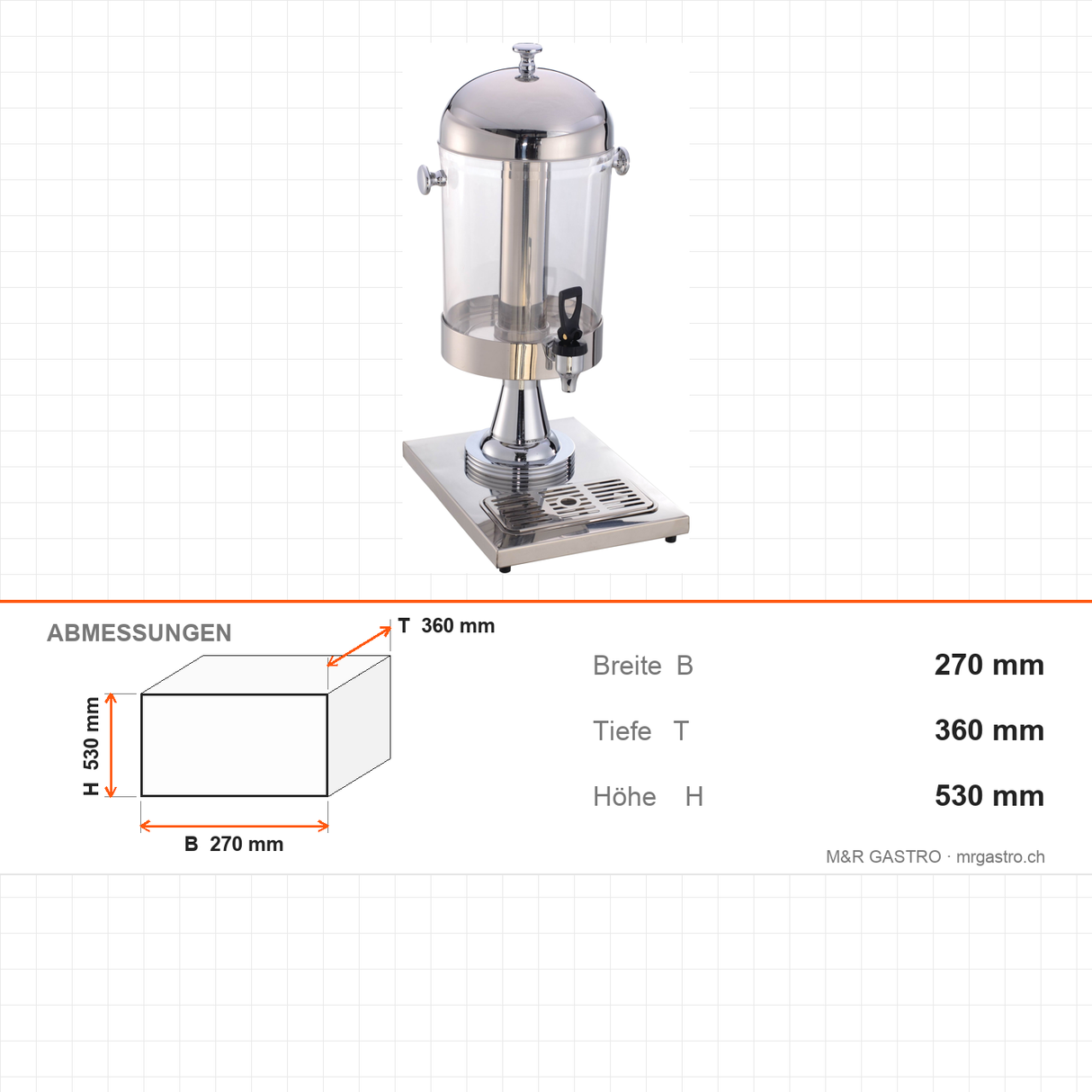 Saftspender, 8 L, Getränkespender, kompakt, 270×360×530 mm – Abmessungen