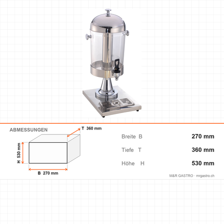 Saftspender, 8 L, Getränkespender, kompakt, 270×360×530 mm – Abmessungen