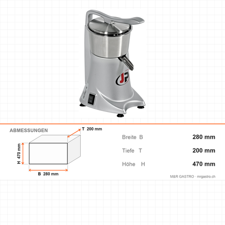 Orangensaftpresse, Edelstahl, mit oberem Behälter, leise, energiesparend, 980 U/min, 230 W, 280×200×470 mm – Abmessungen