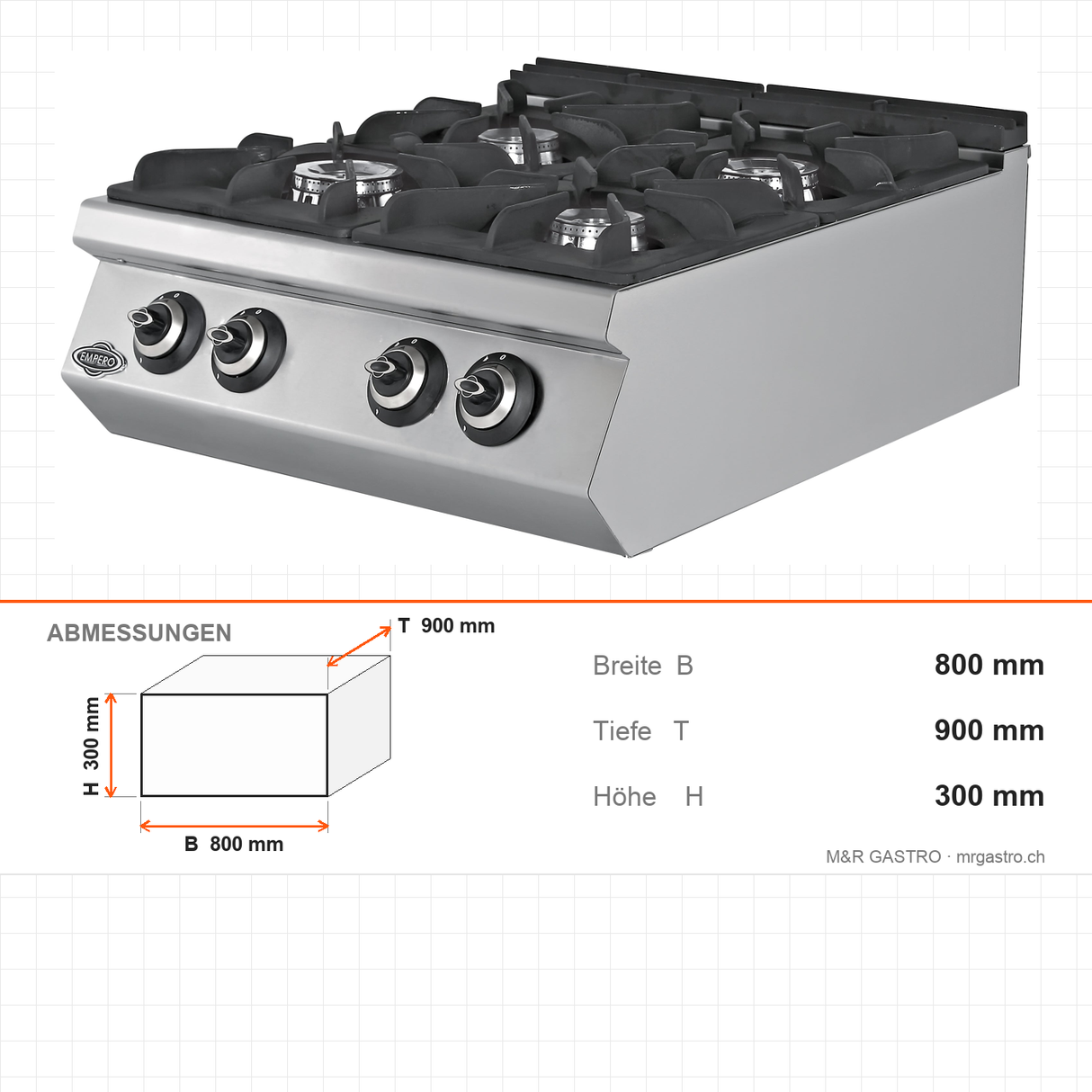 Gasherd, 4 Brenner, 34,97 kW, Gusseisen-Kochplatte, Magnetventil, Edelstahl, 800×900×300 mm, Serie 900 – Abmessungen