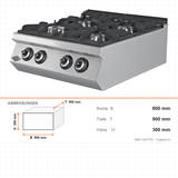 Gasherd, 4 Brenner, 34,97 kW, Gusseisen-Kochplatte, Magnetventil, Edelstahl, 800×900×300 mm, Serie 900 – Abmessungen
