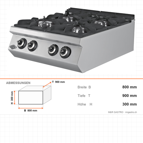 Gasherd, 4 Brenner, 34,97 kW, Gusseisen-Kochplatte, Magnetventil, Edelstahl, 800×900×300 mm, Serie 900 – Abmessungen