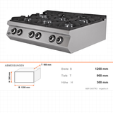 Gasherd, 6 Brenner, 52,45 kW, Gusseisen-Kochstellen, Edelstahl, 1200×900×300 mm, Serie 900 – Abmessungen