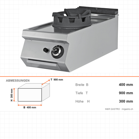 Gas-Wok, 1 Brenner, 18 kW, Gusseisenbrenner, Piezozündung, Edelstahl, 400×900×300 mm, Serie 900 – Abmessungen