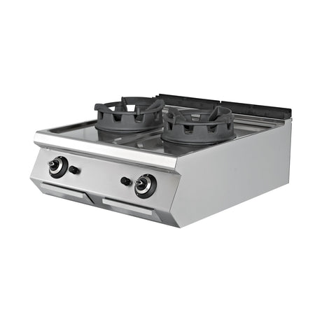 Gas-Wok, 2 Brenner, 36 kW, Gusseisenbrenner, Piezozündung, Edelstahl, 800×900×300 mm, Serie 900 – Produktbild