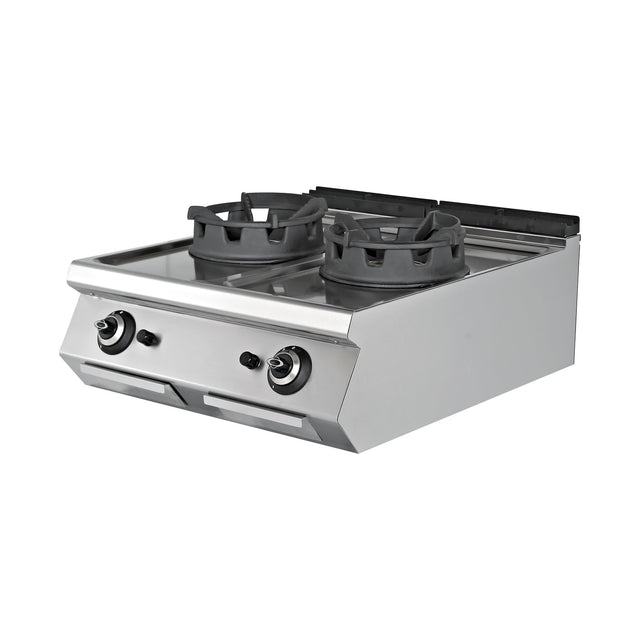 Gas-Wok, 2 Brenner, 36 kW, Gusseisenbrenner, Piezozündung, Edelstahl, 800×900×300 mm, Serie 900 – Produktbild
