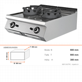 Gas-Wok, 2 Brenner, 36 kW, Gusseisenbrenner, Piezozündung, Edelstahl, 800×900×300 mm, Serie 900 – Abmessungen