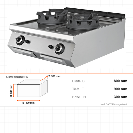 Gas-Wok, 2 Brenner, 36 kW, Gusseisenbrenner, Piezozündung, Edelstahl, 800×900×300 mm, Serie 900 – Abmessungen