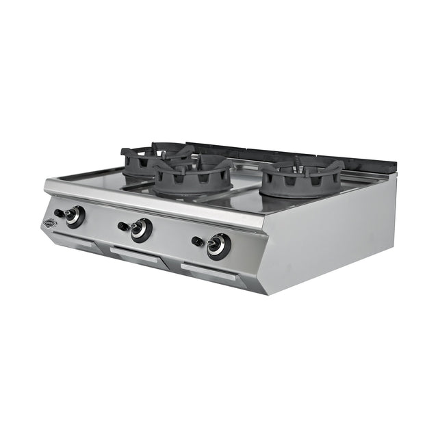 Gas-Wok, 3 Brenner, 54 kW, Gusseisenbrenner, Piezozündung, Edelstahl, 1200×900×300 mm, Serie 900 – Produktbild