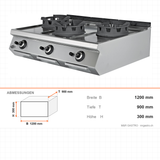 Gas-Wok, 3 Brenner, 54 kW, Gusseisenbrenner, Piezozündung, Edelstahl, 1200×900×300 mm, Serie 900 – Abmessungen