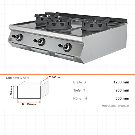 Gas-Wok, 3 Brenner, 54 kW, Gusseisenbrenner, Piezozündung, Edelstahl, 1200×900×300 mm, Serie 900 – Abmessungen