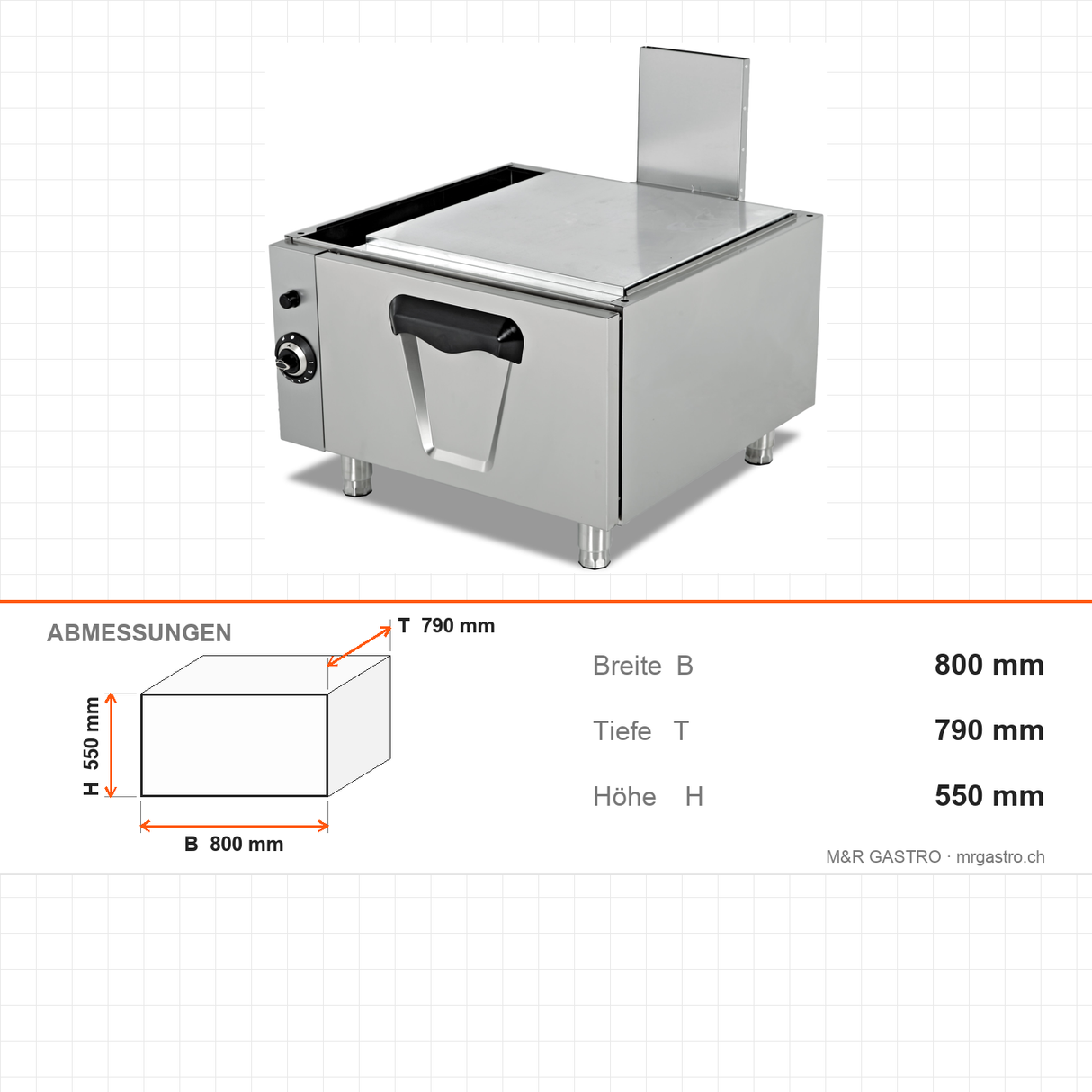 Gas-Backofen, Unterbau, 6,46 kW, 2x GN 2/1, Edelstahl-Garraum, 800×790×550 mm, Serie 900 – Abmessungen