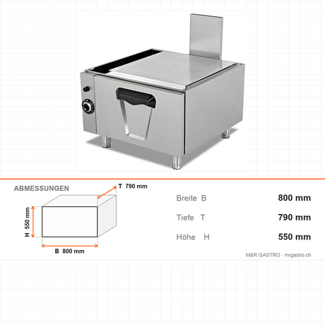 Gas-Backofen, Unterbau, 6,46 kW, 2x GN 2/1, Edelstahl-Garraum, 800×790×550 mm, Serie 900 – Abmessungen