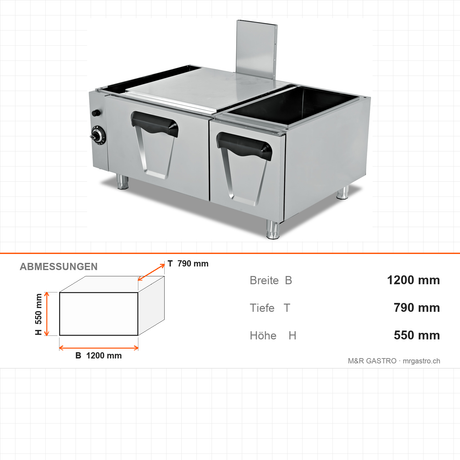 Gas-Backofen, 6,46 kW, 2x GN 2/1, Edelstahl-Garraum, 1200×790×550 mm, Serie 900 – Abmessungen