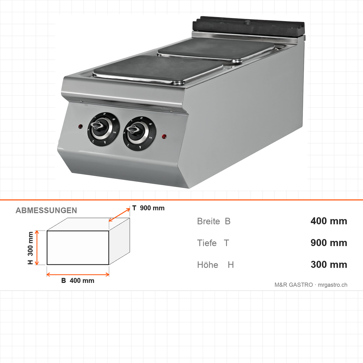 Elektroherd, 2 Kochplatten, 5,6 kW, 6-stufiger Schalter, 400V, Edelstahl, 400×900×300 mm, Serie 900 – Abmessungen