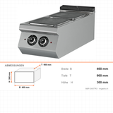 Elektroherd, 2 Kochplatten, 5,6 kW, 6-stufiger Schalter, 400V, Edelstahl, 400×900×300 mm, Serie 900 – Abmessungen