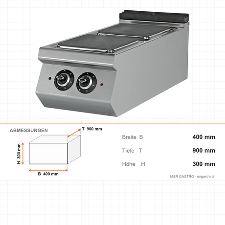 Elektroherd, 2 Kochplatten, 5,6 kW, 6-stufiger Schalter, 400V, Edelstahl, 400×900×300 mm, Serie 900 – Abmessungen