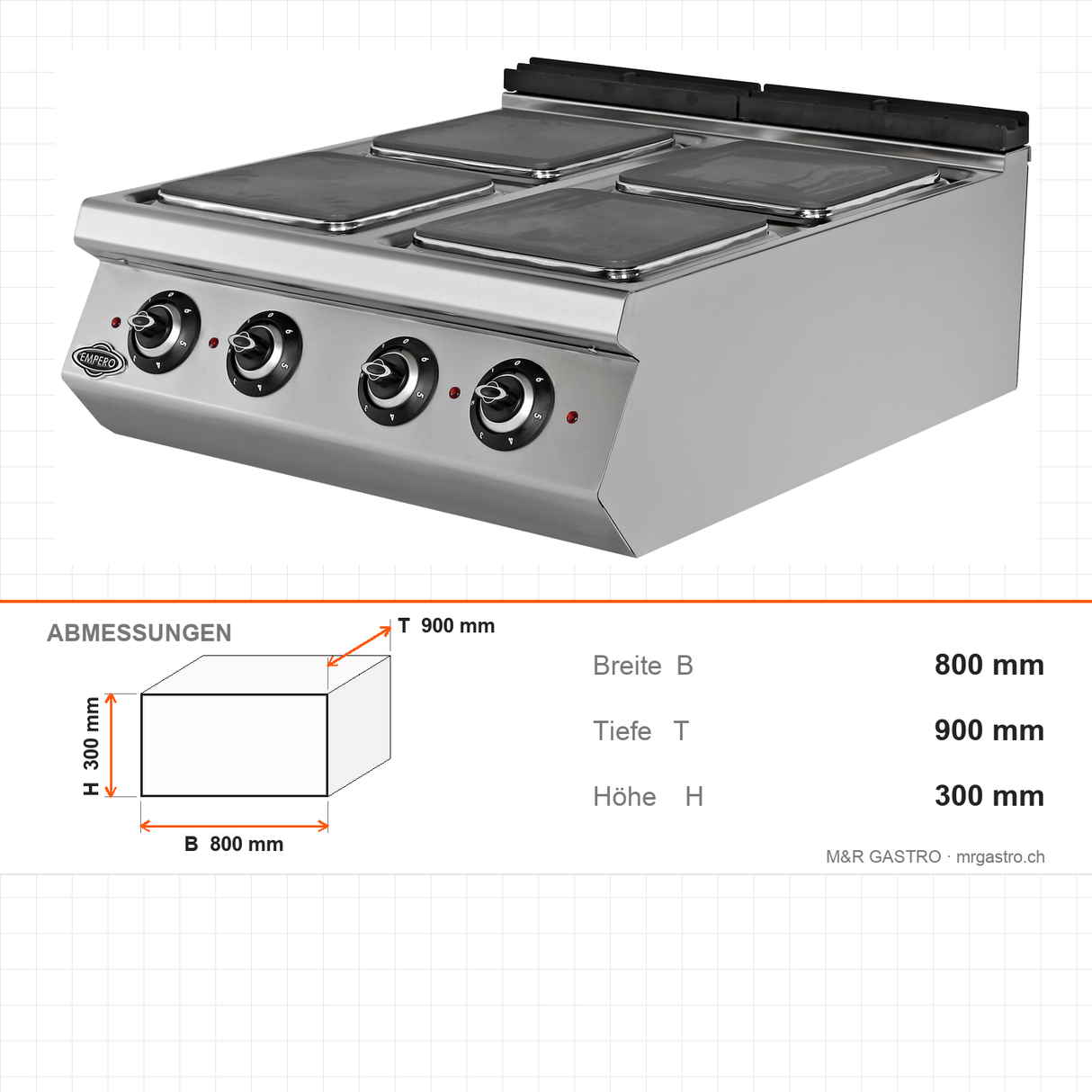 Elektroherd, 4 Kochplatten, 11,2 kW, 6-stufiger Schalter, 400V, Edelstahl, 800×900×300 mm, Serie 900 – Abmessungen