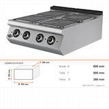 Elektroherd, 4 Kochplatten, 11,2 kW, 6-stufiger Schalter, 400V, Edelstahl, 800×900×300 mm, Serie 900 – Abmessungen