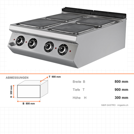 Elektroherd, 4 Kochplatten, 11,2 kW, 6-stufiger Schalter, 400V, Edelstahl, 800×900×300 mm, Serie 900 – Abmessungen