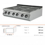 Elektroherd, 6 Kochplatten, 16,8 kW, 6-stufiger Schalter, 400V, Edelstahl, 1200×900×300 mm, Serie 900 – Abmessungen