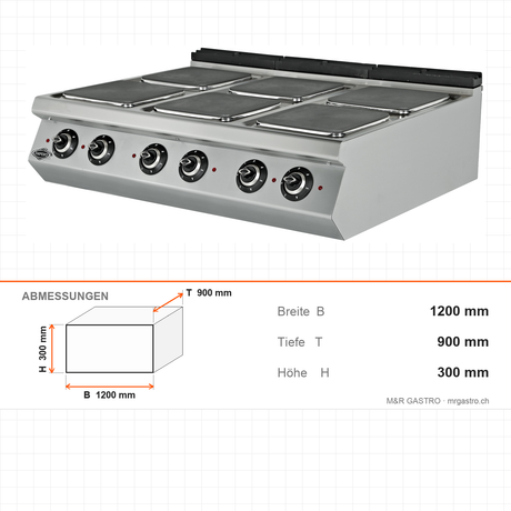 Elektroherd, 6 Kochplatten, 16,8 kW, 6-stufiger Schalter, 400V, Edelstahl, 1200×900×300 mm, Serie 900 – Abmessungen