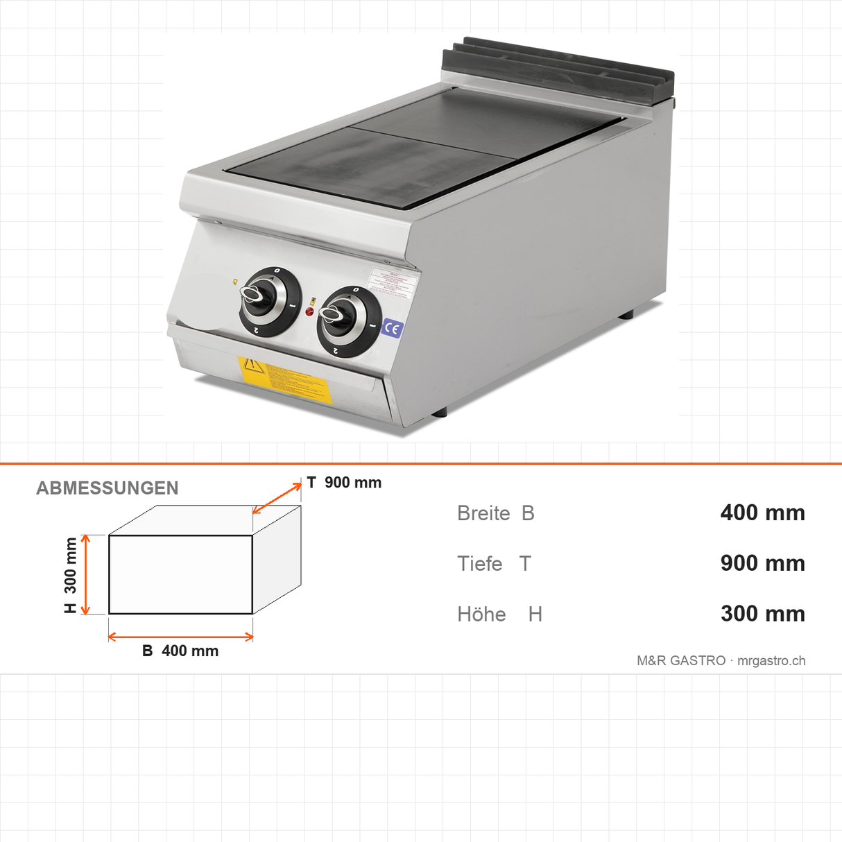 Elektroherd, 2 runde Kochplatten, 5,6 kW, 3-stufiger Schalter, 400V, Edelstahl, 400×900×300 mm, Serie 900 – Abmessungen