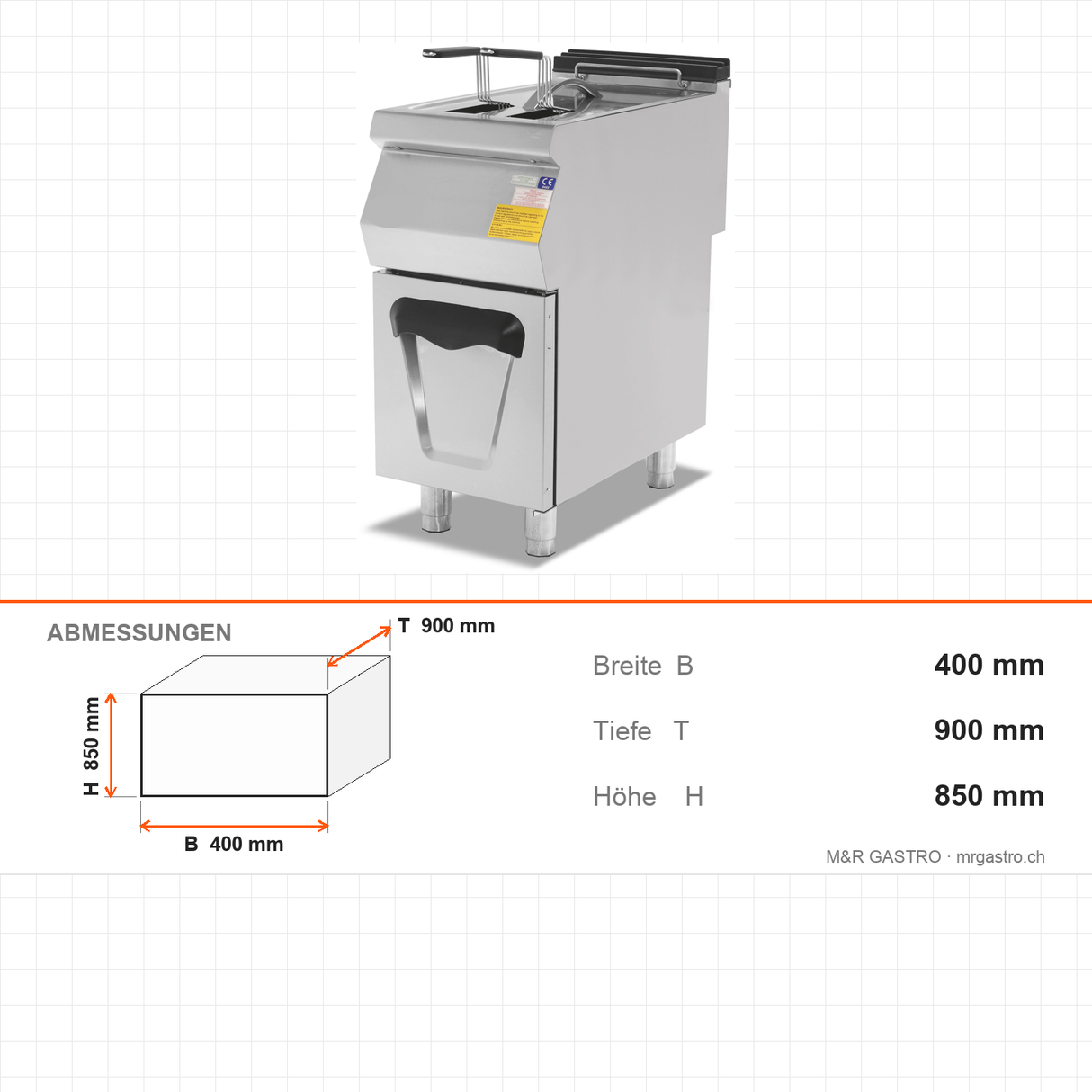 Gasfritteuse, 24 Liter, 17,41 kW, Edelstahlkörbe, Ablassventil, Edelstahl, 400×900×850 mm, Serie 900 – Abmessungen