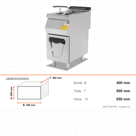 Gasfritteuse, 24 Liter, 17,41 kW, Edelstahlkörbe, Ablassventil, Edelstahl, 400×900×850 mm, Serie 900 – Abmessungen