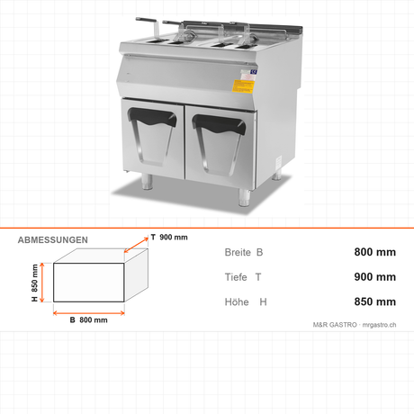 Gasfritteuse, 2x 24 Liter, 34,82 kW, Edelstahlkörbe, Ablassventil, Edelstahl, 800×900×850 mm, Serie 900 – Abmessungen