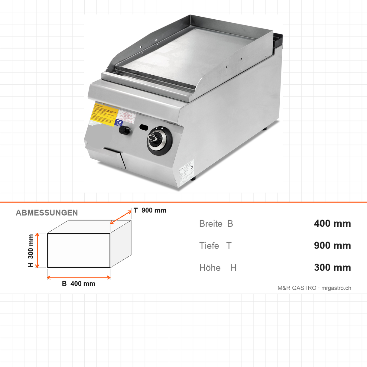 Gasgrill, glatte Bratplatte, 10,32 kW, 2 Heizzonen, Piezozündung, Edelstahl, 400×900×300 mm, Serie 900 – Abmessungen
