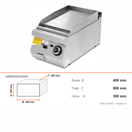 Gasgrill, glatte verchromte Bratplatte, 10,32 kW, 2 Heizzonen, Piezozündung, Edelstahl, 400×900×300 mm, Serie 900 – Abmessungen