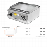 Gasgrill, glatte und gerippte verchromte Bratplatte, 20,64 kW, 2 Heizzonen, Piezozündung, Edelstahl, 800×900×300 mm, Serie 900 – Abmessungen