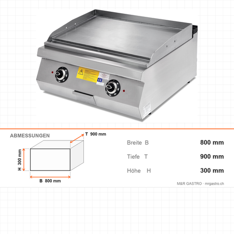 Elektrogrill, glatte Bratplatte, 12 kW, 2 Heizzonen, Thermostat, 400V, Edelstahl, 800×900×300 mm, Serie 900 – Abmessungen