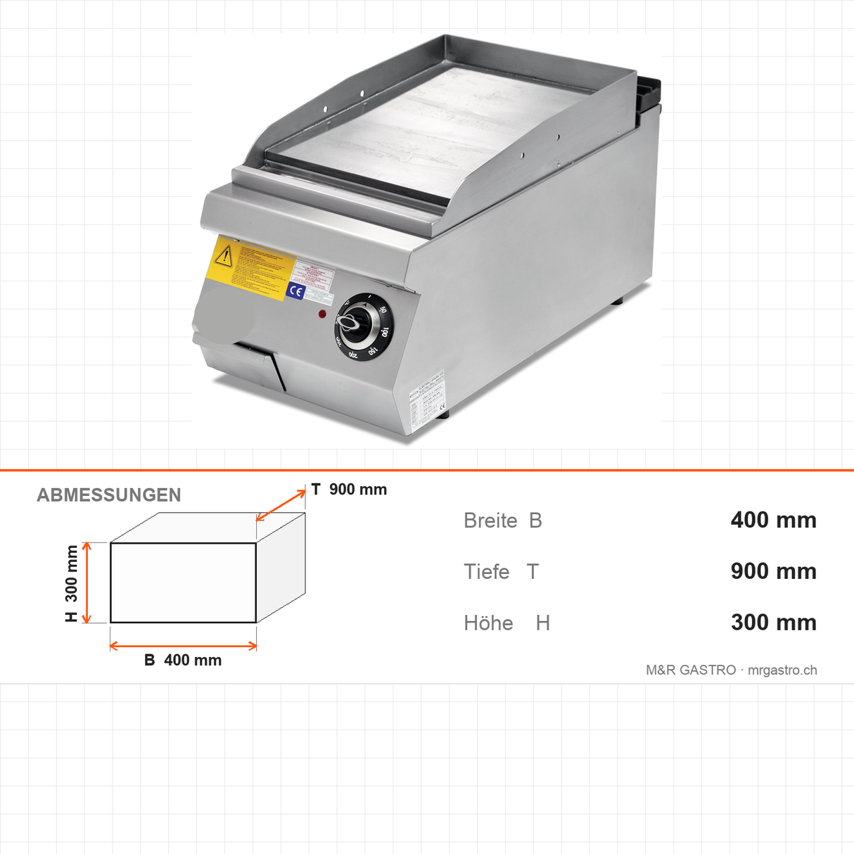 Elektrogrill, glatte verchromte Bratplatte, 6 kW, 2 Heizzonen, Thermostat, 400V, Edelstahl, 400×900×300 mm, Serie 900 – Abmessungen