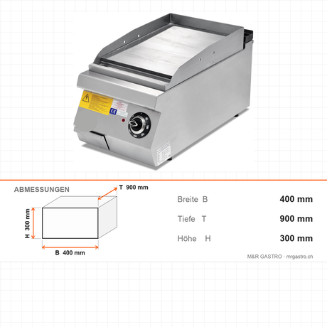 Elektrogrill, glatte verchromte Bratplatte, 6 kW, 2 Heizzonen, Thermostat, 400V, Edelstahl, 400×900×300 mm, Serie 900 – Abmessungen