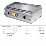 Elektrogrill, gerippte verchromte Bratplatte, 18 kW, 2 Heizzonen, Thermostat, 400V, Edelstahl, 1200×900×300 mm, Serie 900 – Abmessungen