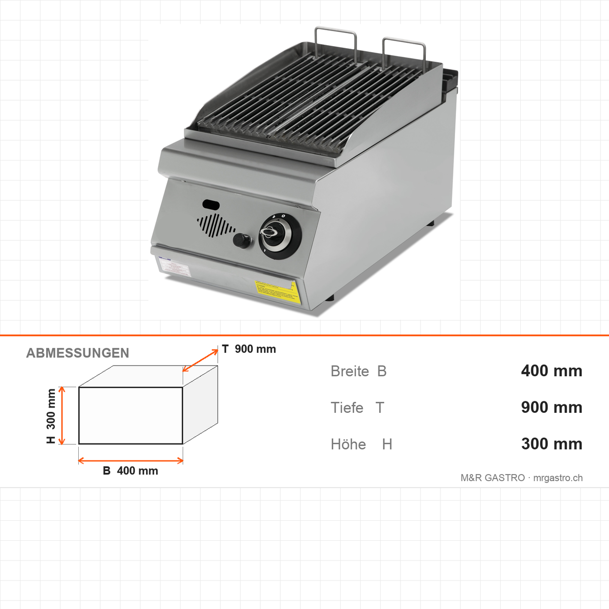 Gas-Wassergrill, Gusseisenrost, 7 kW, 2 Heizzonen, Piezozündung, Edelstahl, 400×900×300 mm, Serie 900 – Abmessungen