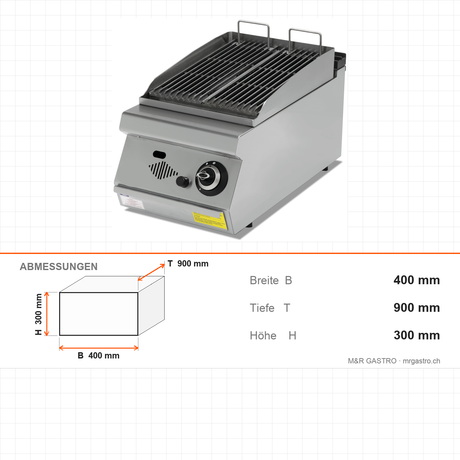 Gas-Wassergrill, Gusseisenrost, 7 kW, 2 Heizzonen, Piezozündung, Edelstahl, 400×900×300 mm, Serie 900 – Abmessungen