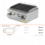 Gas-Wassergrill, Gusseisenrost, 14 kW, 2 Heizzonen, Piezozündung, Edelstahl, 800×900×300 mm, Serie 900 – Abmessungen
