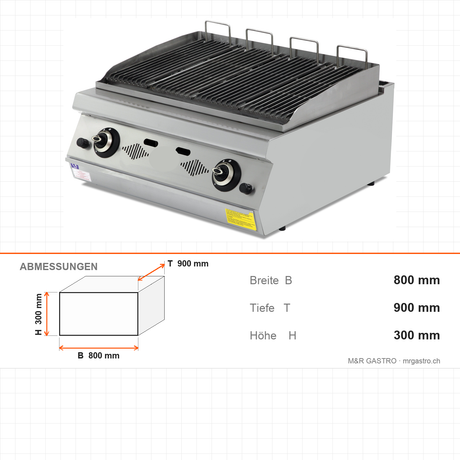 Gas-Wassergrill, Gusseisenrost, 14 kW, 2 Heizzonen, Piezozündung, Edelstahl, 800×900×300 mm, Serie 900 – Abmessungen